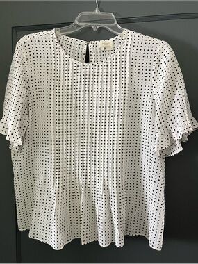 Kate Spade Silk Polka Dot Pintuck Ruffle Sleeve Top - White/Black
